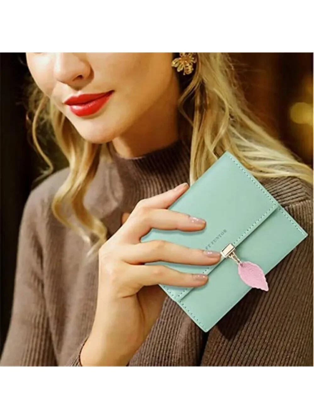 Leaf Trifold Wallet Light Blue RFID Zipper Pocket Ladies